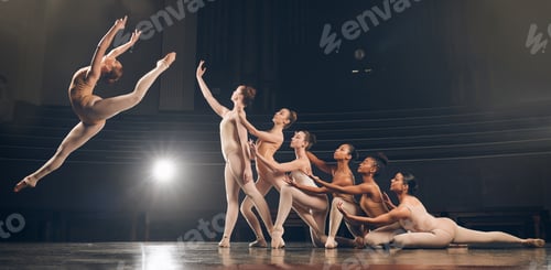 Preview: Shot of a group of ballet dancers practicing a routine on a stage
