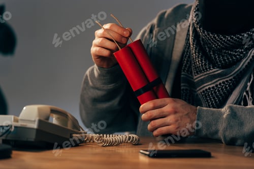 Preview: Cropped view of man holding dynamite at table in room