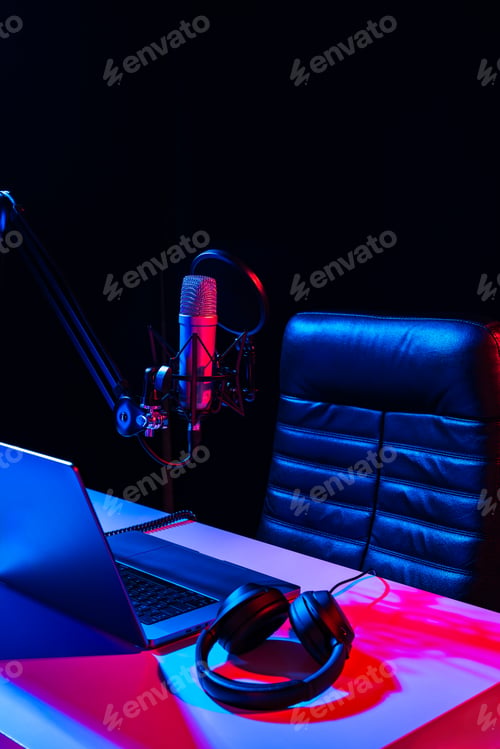 Preview: Home studio podcast interior. Microphone, table and chair
