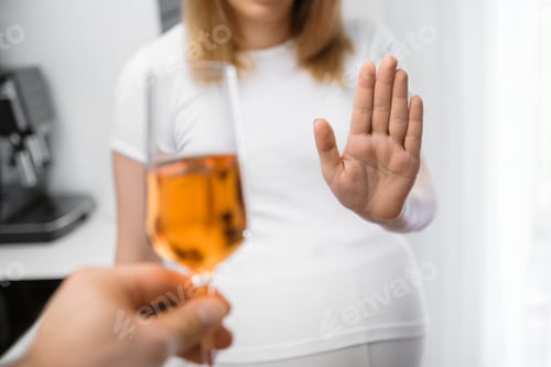 Preview: Pregnant woman rejecting alcohol. Alcohol prohibited