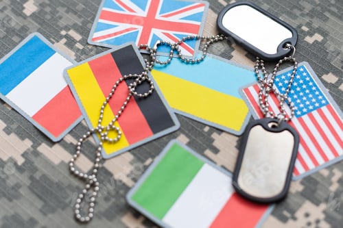 Preview: Military ID tags with chain on camouflage uniform, toned in colors of Ukrainian flag war