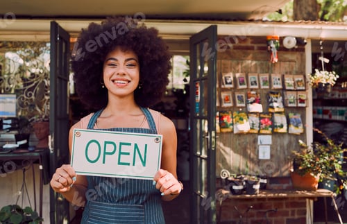 Preview: Open sign, black woman and garden shop owner of a small business manager portrait happy. Smile of a
