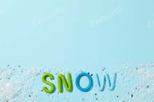 Preview: The word "snow" is made of colored plasticine on a blue background.
