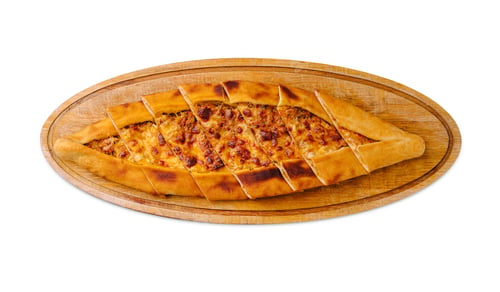 Preview: Delicious traditional homemade pide served on wooden board with perfect slices