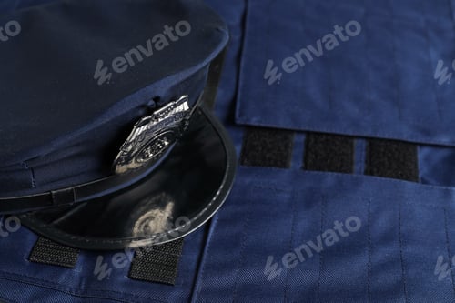 Preview: Police cap on dark blue uniform, closeup. Space for text