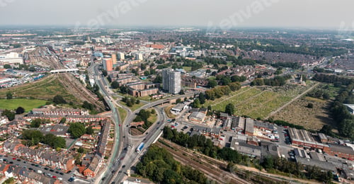 Preview: Aerial panorama view of Doncaster cityscape skyline with road and rail transport
