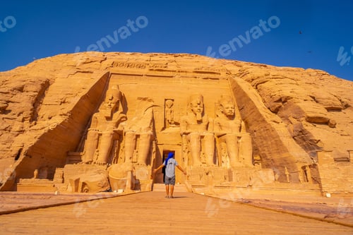 Preview: A European Tourist Visiting The Abu Simbel Temple In Southern Egypt In Nubia Next To Lake Nasser