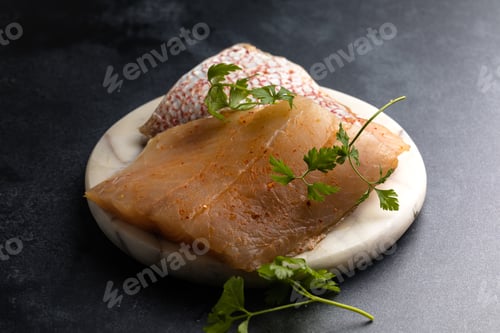 Preview: Whole raw red snapper fish on a cutting board.