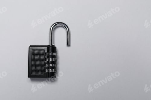 Preview: One steel combination padlock on grey background, top view. Space for text