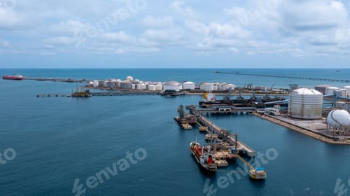 Preview: Aerial view oil and gas tanker ship oil depot terminal storage petroleum petrochemical refinery.