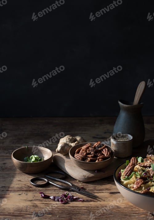 Preview: Miso noodles with egg plants and shiitake on wooden table