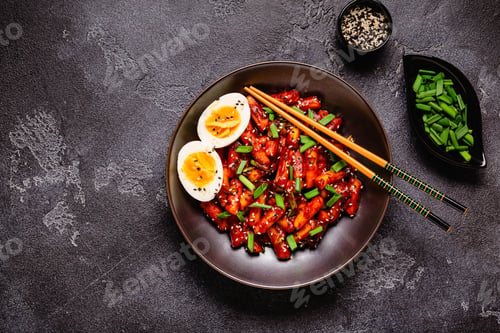 Preview: Tteokbokki, Teopokki fried rice cake in black bowl.