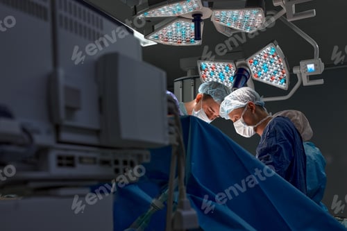 Preview: Surgeons team during complex surgical operation in a sterile operating room. Doctors leaned over