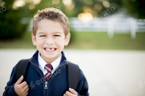 Visualização: Criança pequena com uma mochila atrás de um fundo desfocado