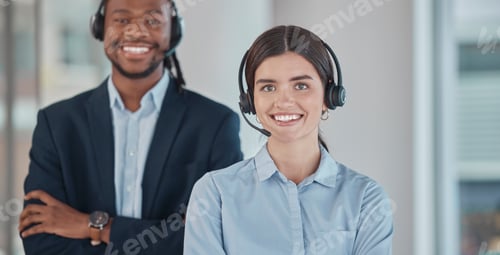 Preview: Business people, call center and portrait smile for contact us, telemarketing or customer service a