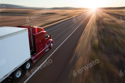 Preview: View from behind and above a commercial truck on the road at sunset on a highway in eastern