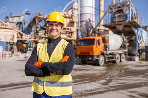 Preview: Cheerful man engineer standing outdoors at factory