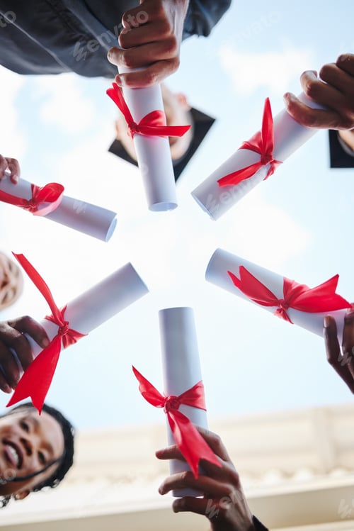 Preview: Graduation, diploma and hands with a student group outside in a huddle or circle from below. Gradua