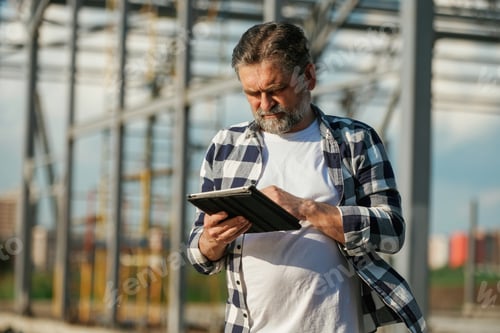 Preview: Information in the digital tablet, reading. Senior worker is near the unfinished greenhouse, working