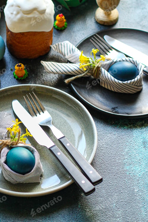 Preview: Easter Table Setting Bunny Napkin, Easter Cake And Painted Eggs Healthy Meal Top View Copy Space