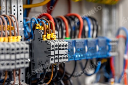 Preview: Electrical panel with fuses and contactors, close-up.