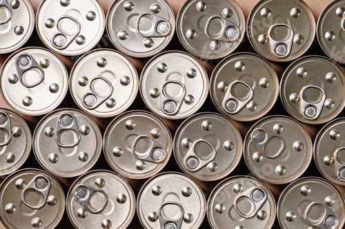Preview: Background of canned food, top view.