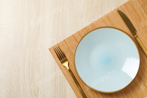 Preview: Minimal table setting with blank dish, space for text