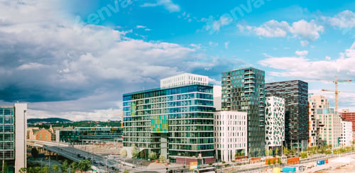 Preview: Oslo Norway. Night Panoramic View Of Contemporary District Of Hi