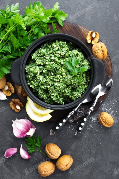 Preview: Pesto. Italian pesto with fresh pasrley, garlic, lemon juice, walnuts and olive oil