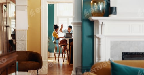 Preview: Couple, laptop and high five in home with love, study support or motivation for learning. Woman stu