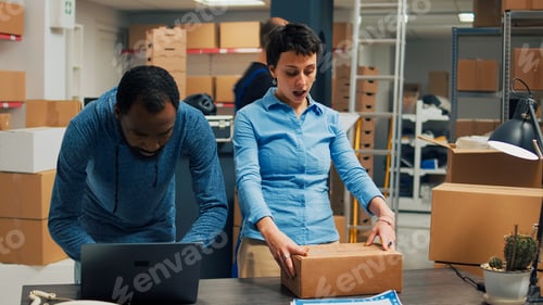 Preview: Entrepreneurs team putting goods in boxes for stock shipment