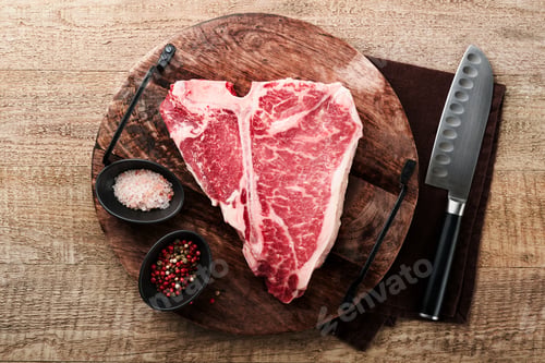 Preview: Thick Raw T-Bone Steak. Dry-aged Raw T-bone or porterhouse beef meat Steak on cutting boar with herb