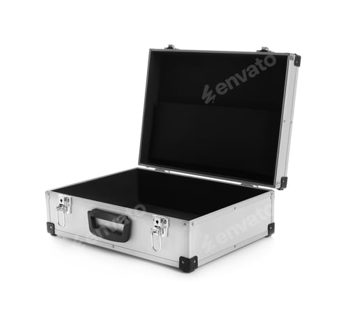 Preview: Open modern suitcase on white background