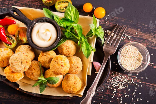 Preview: Fork with delicious falafel balls, sauce and vegetables on grunge background