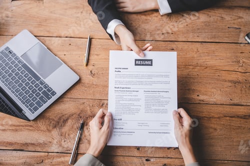 Preview: Portrait of a person interviewing for a job and
Submit resume to staff job application concept