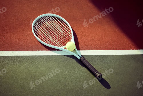 Preview: Up for a rally. Shot of a tennis ball and a racket lying on a court.