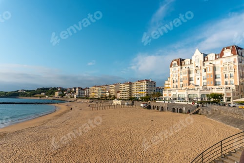 Preview: The beautiful buildings of the Grande Plage in Saint Jean de Luz at sunset