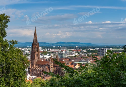 Preview: Scenic view of Freiburg Cathedral surrounded by buildings and greenery under a blue sky