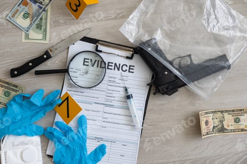 Preview: Crime scene concept with a gun and evidence markers high contrast image