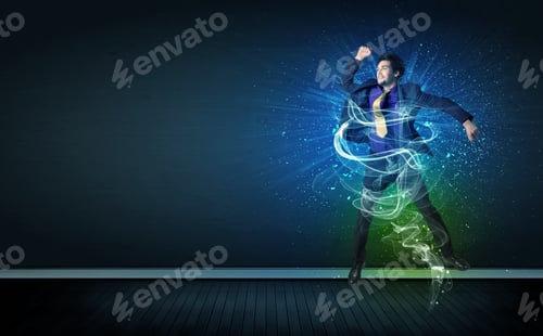 Preview: Talented Cheerful Businessman Jumping With Glowing Energy Lines On Background