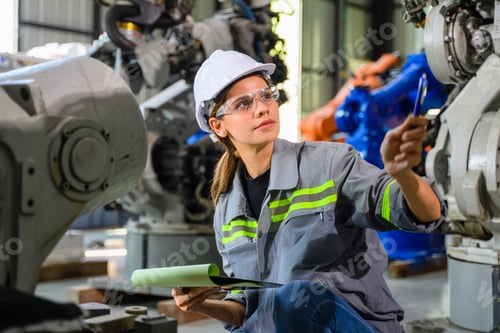 Preview: Female engineer worker working with robotic machine automation