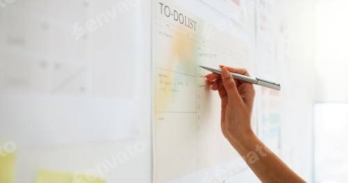 Preview: Writing, calendar and schedule with hands of person in office for to do list, planning and appointm