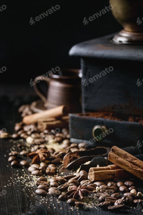 Preview: Black coffee beans with spices
