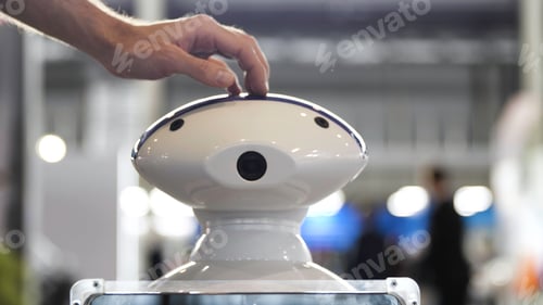 Preview: Close up of male hand touching a head of a robot at the exhibition. Media. Man patting on the head