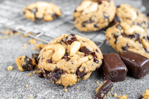 Preview: Stack of tasty chocolate cookies on gray table