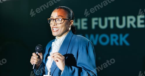 Preview: Black woman, mic and speech at conference for public speaking, presentation and international conve