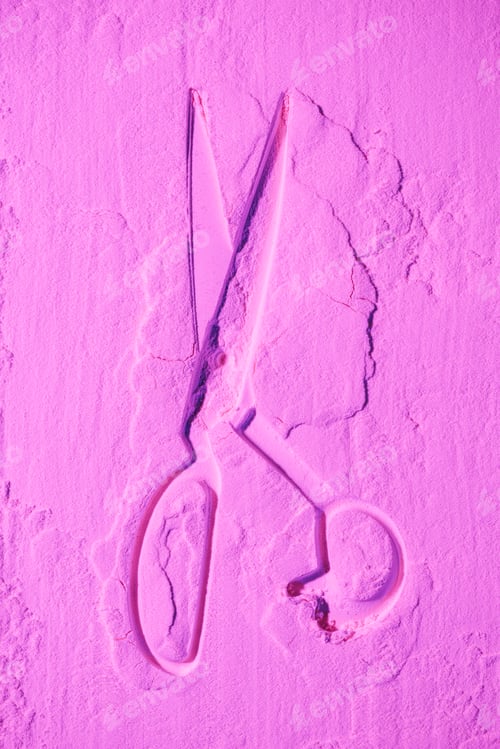 Preview: top view of scissors shape on pink colored flour texture