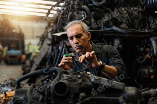 Preview: Attractive man working hard and fix Auto mechanic on car engine in mechanics garage. Repair service