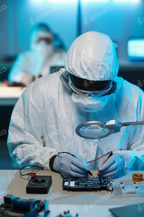 Preview: Contemporary repairman in protective workwear soldering circuit board