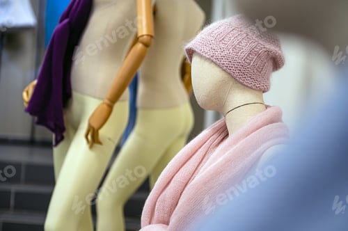 Preview: boutique with females fashion, mannequins with winter hats and scarves